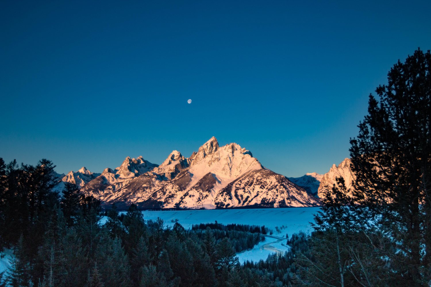 The Snake River bending below the Tetons from the overlook.