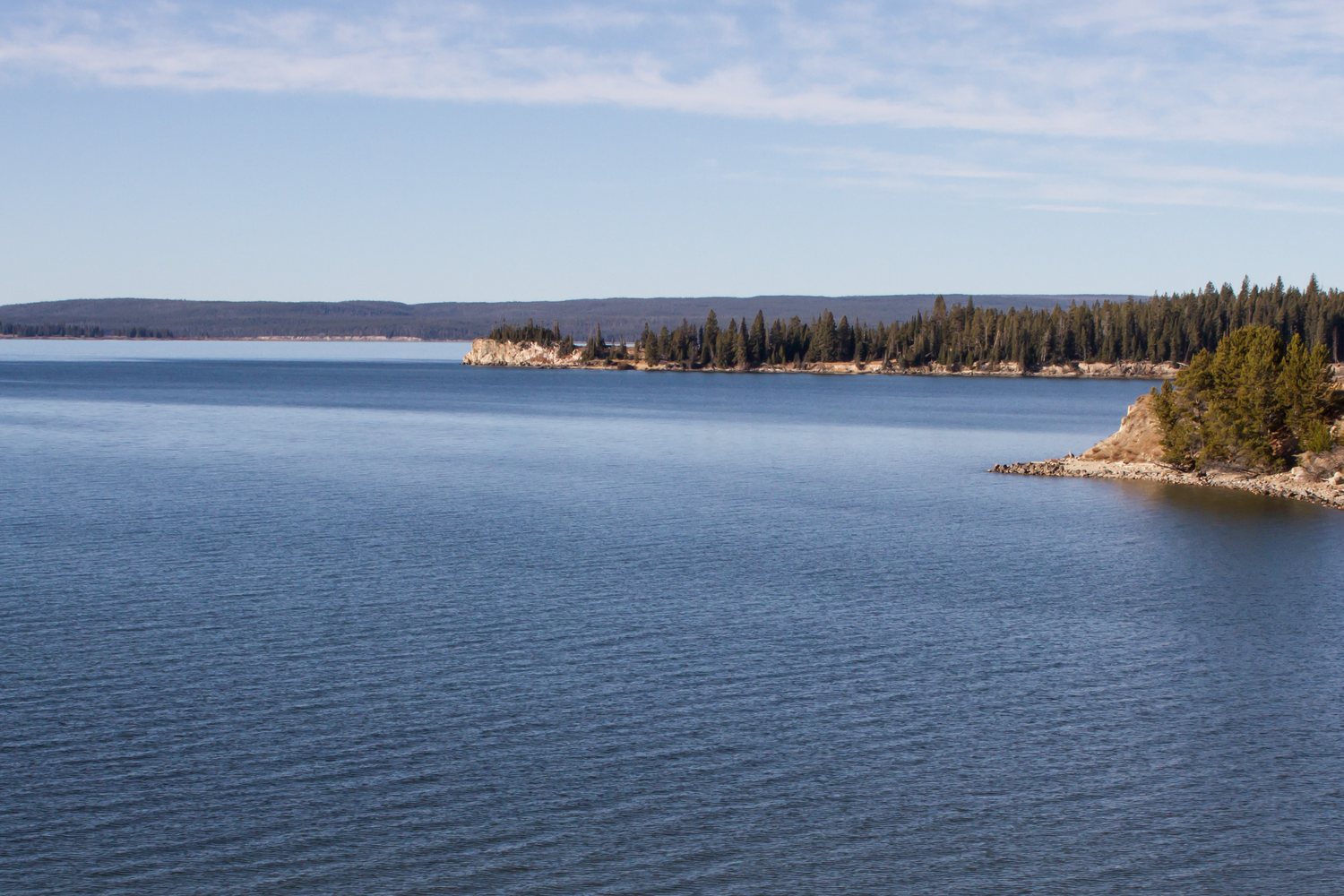 Yellowstone Lake flat and pale under a bank of cloud at Storm Point.
